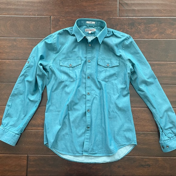 Express Fitted Button Down Dress Shirt Teal Blue Medium Size 15-15 1/2 - Picture 3 of 10